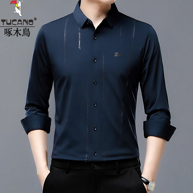 啄木鸟春秋新款弹力长袖衬衫男士商务休闲无痕抗皱免烫印花衬衣潮