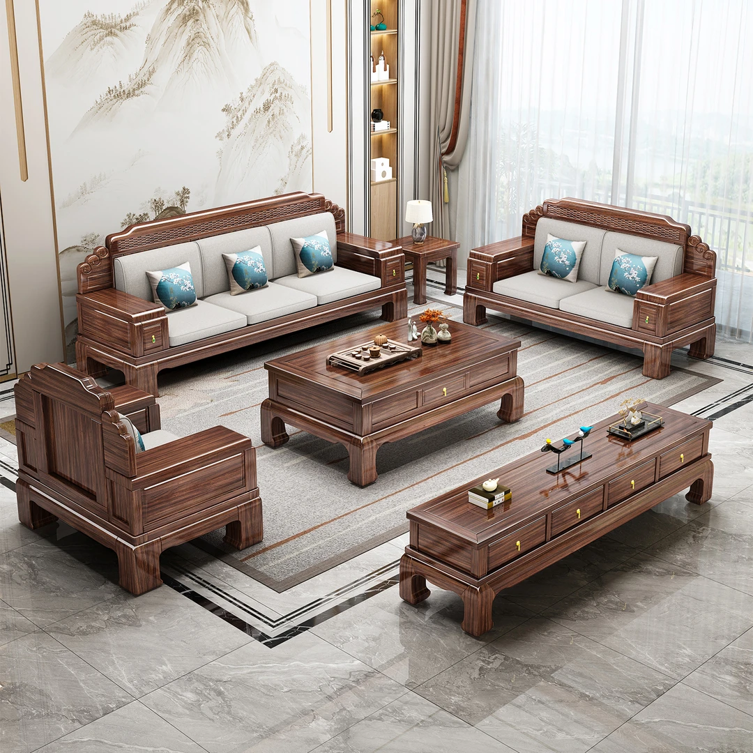 乌金木新中式沙发中式实木家具榫卯成套雕花组合沙发
