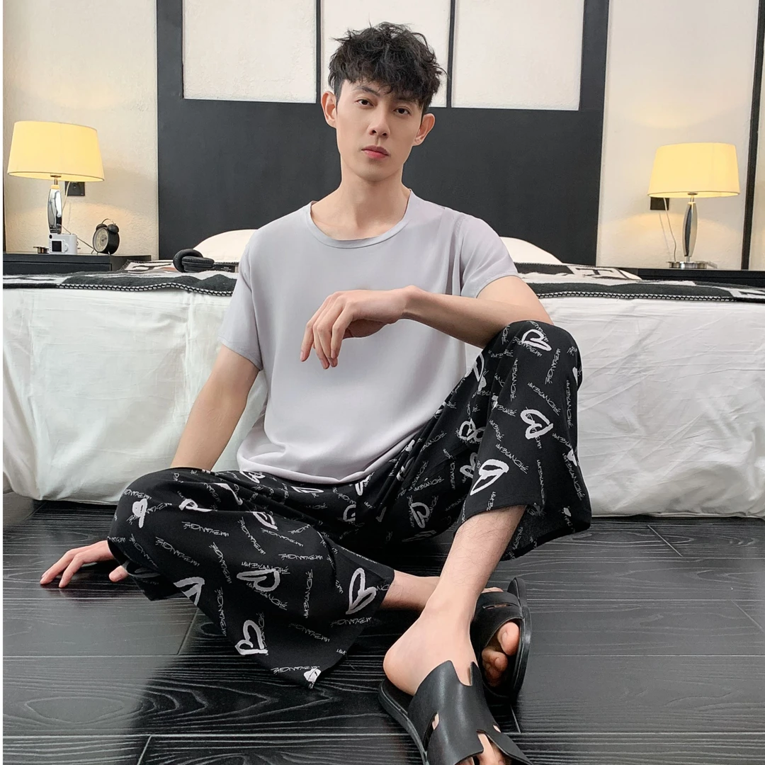 夏季男士薄款宽松印花绵绸大码男款潮流休闲可外穿2025新款家居服