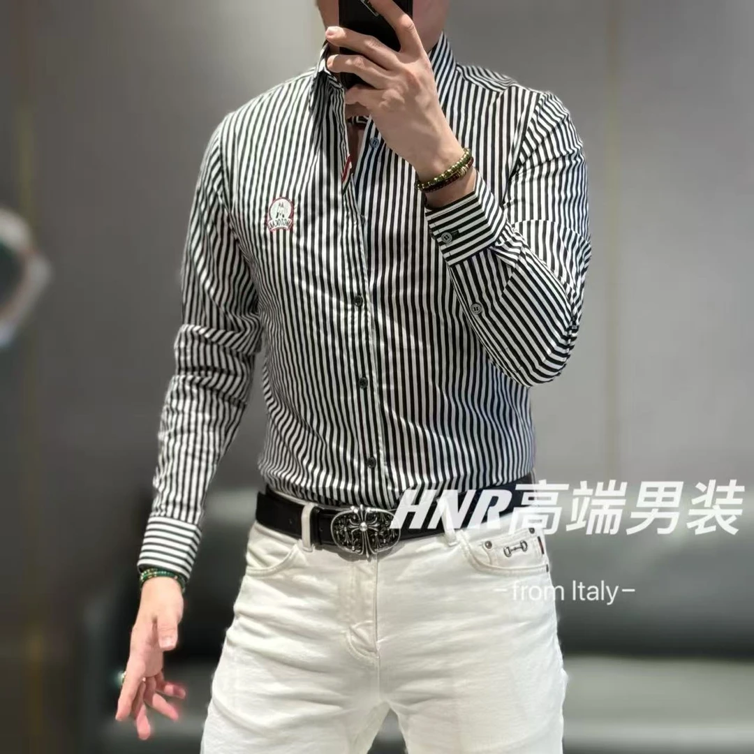 经典条纹设计门襟织带点缀棉质高端男士新款衬衫25863