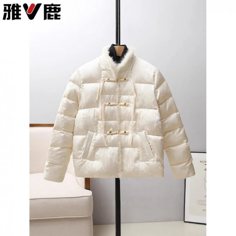 雅鹿批发中式立领小个子羽绒服防寒轻国风女装盘扣鸭绒外套高级感
