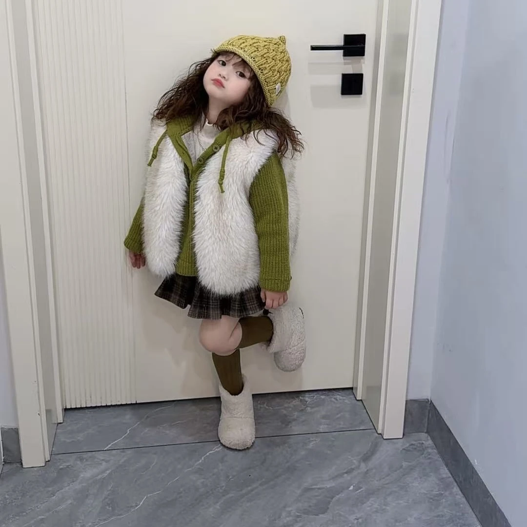 艺宝童装女童秋冬加厚洋气毛毛马甲时髦宝宝冬装气质