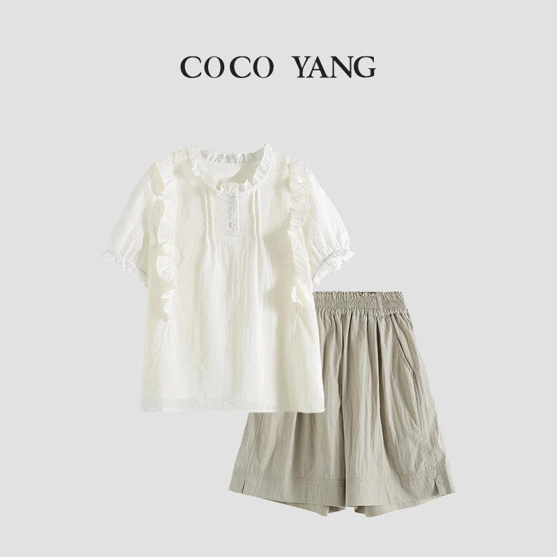 夏季2025女大童套装法式夏装泡泡袖女童短袖+短裤套装-YH400