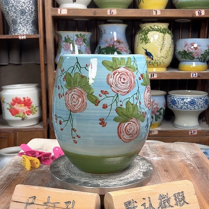 陶瓷但盆油画玫瑰新款新款陶瓷陶瓷