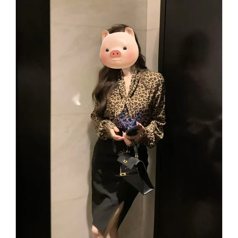 法式气质V领豹纹雪纺长袖衬衫女2025春季新款设计感小众衬衣上衣