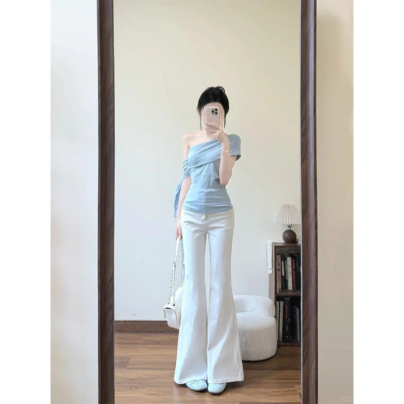 慵懒风修身显瘦飘带斜肩上衣2025夏季时尚小众设计款简约百搭长裤