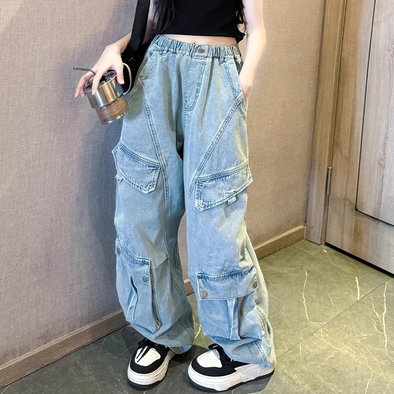 女童秋季工装裤2025新款儿童潮款牛仔裤洋气女孩大童网红炸街夏装