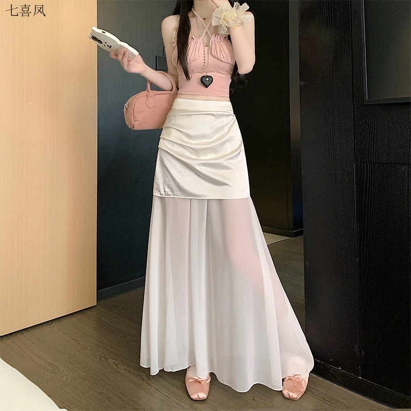 新款修身皱褶拼接网纱长裙韩版鱼尾百搭包臀聚酯纤维春夏