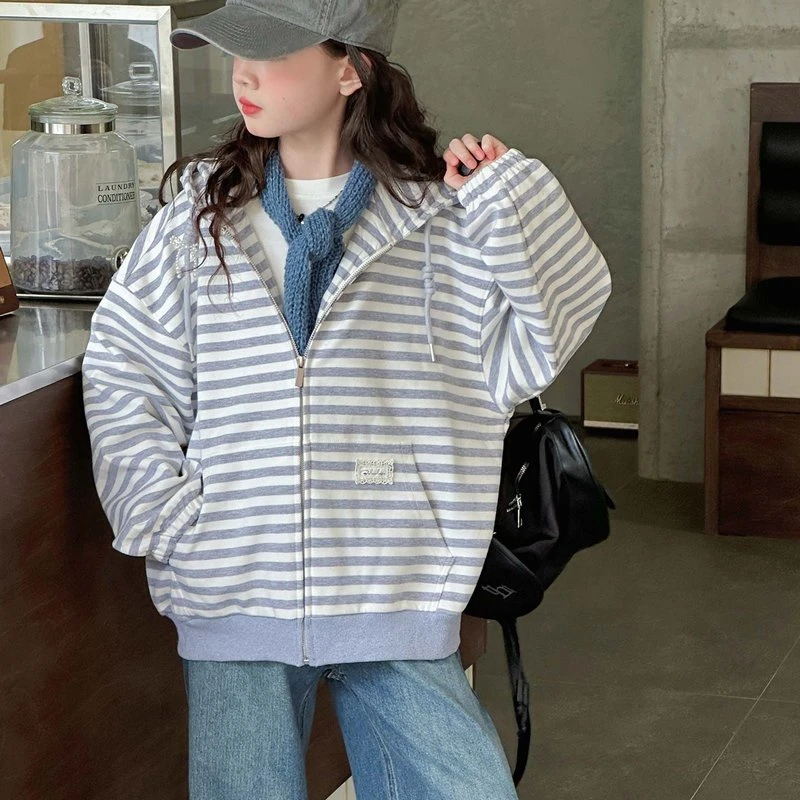 女童秋款中大童条纹连帽外套小女孩5-14岁春秋长袖休闲宽松韩版