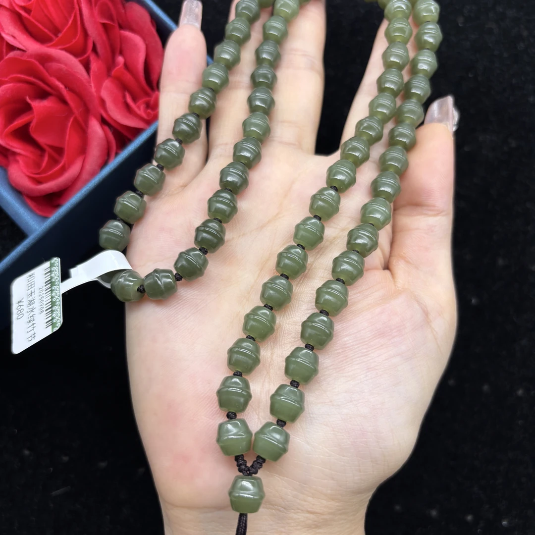 保真天然和田玉湖水绿竹节8mm玉石挂件绳项链毛衣链长链珠链百搭