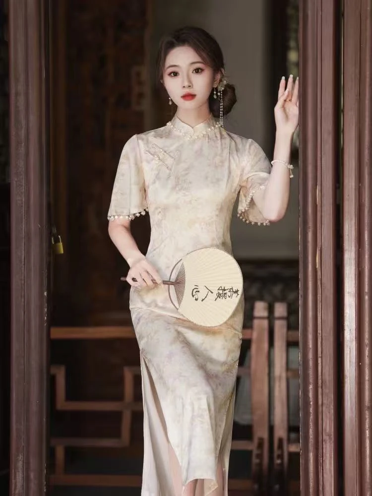 0113 粉色钉珠飞飞袖【风铃】 旗袍