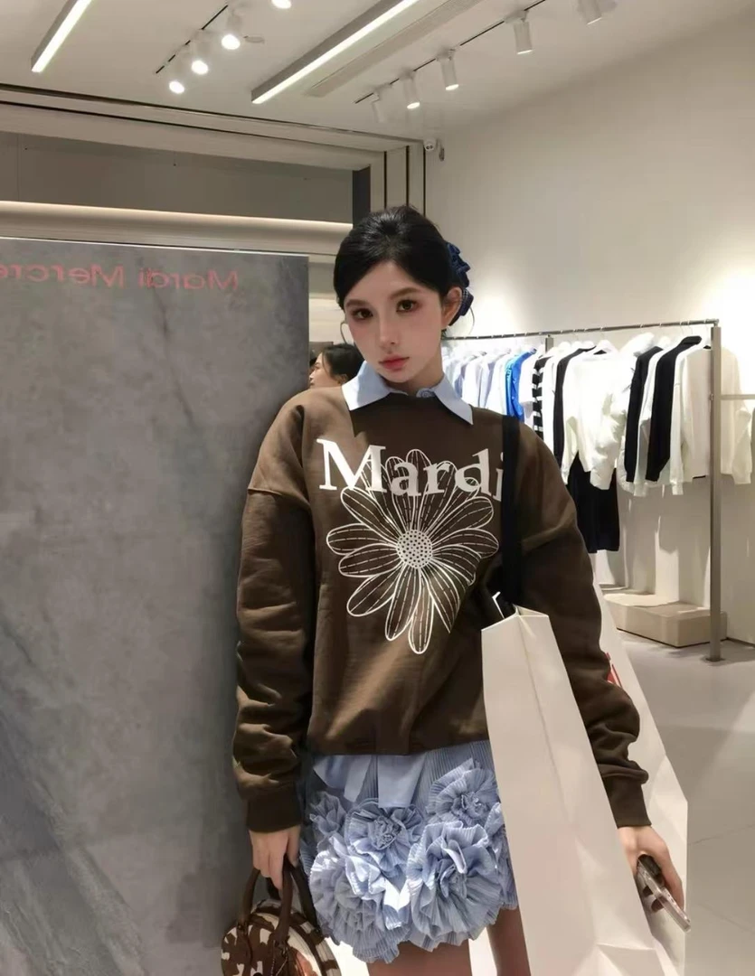 【小美专属】潮流小菊花刺绣圆领卫衣宽松长袖T恤上衣7245