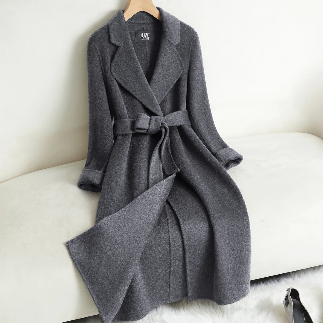 灰色高端双面羊绒大衣女中长款时尚赫本风正肩羊毛呢外套秋冬新款