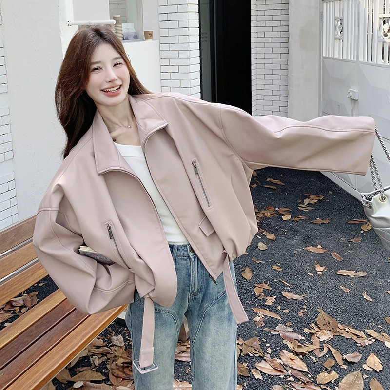 淡粉色又a又飒pu皮衣外套女2025春季美式小个子气质减龄夹克上衣