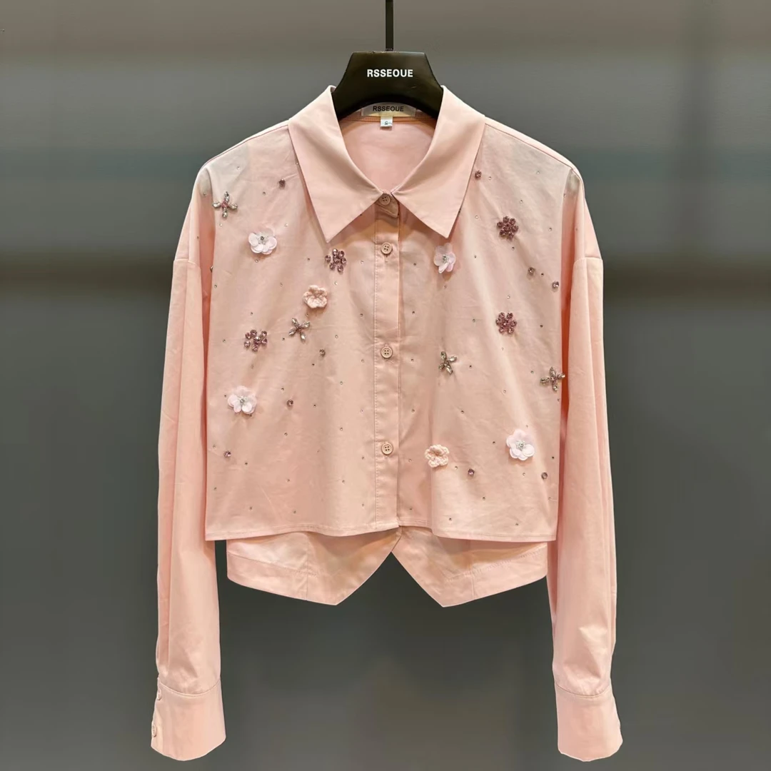 重工钉珠长袖衬衫女2025春季新款韩版粉色短款上衣宽松翻领衬衣