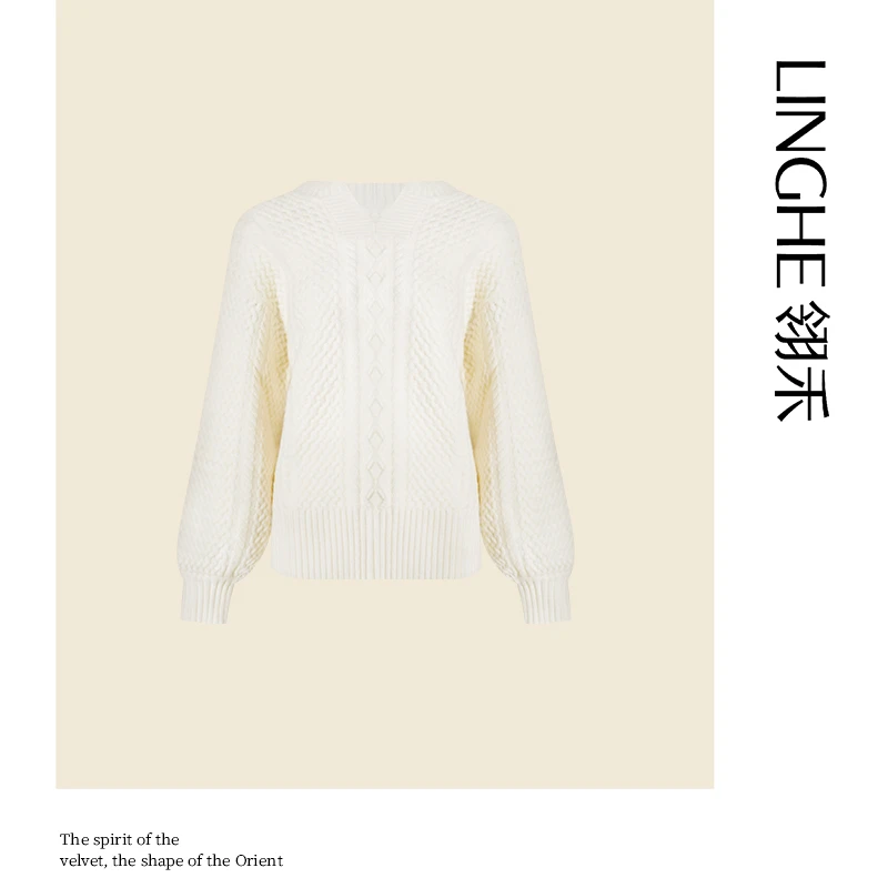 翎禾LINGHE-灯笼袖V领白色长袖时尚保暖重磅绞花100%山羊绒套头衫
