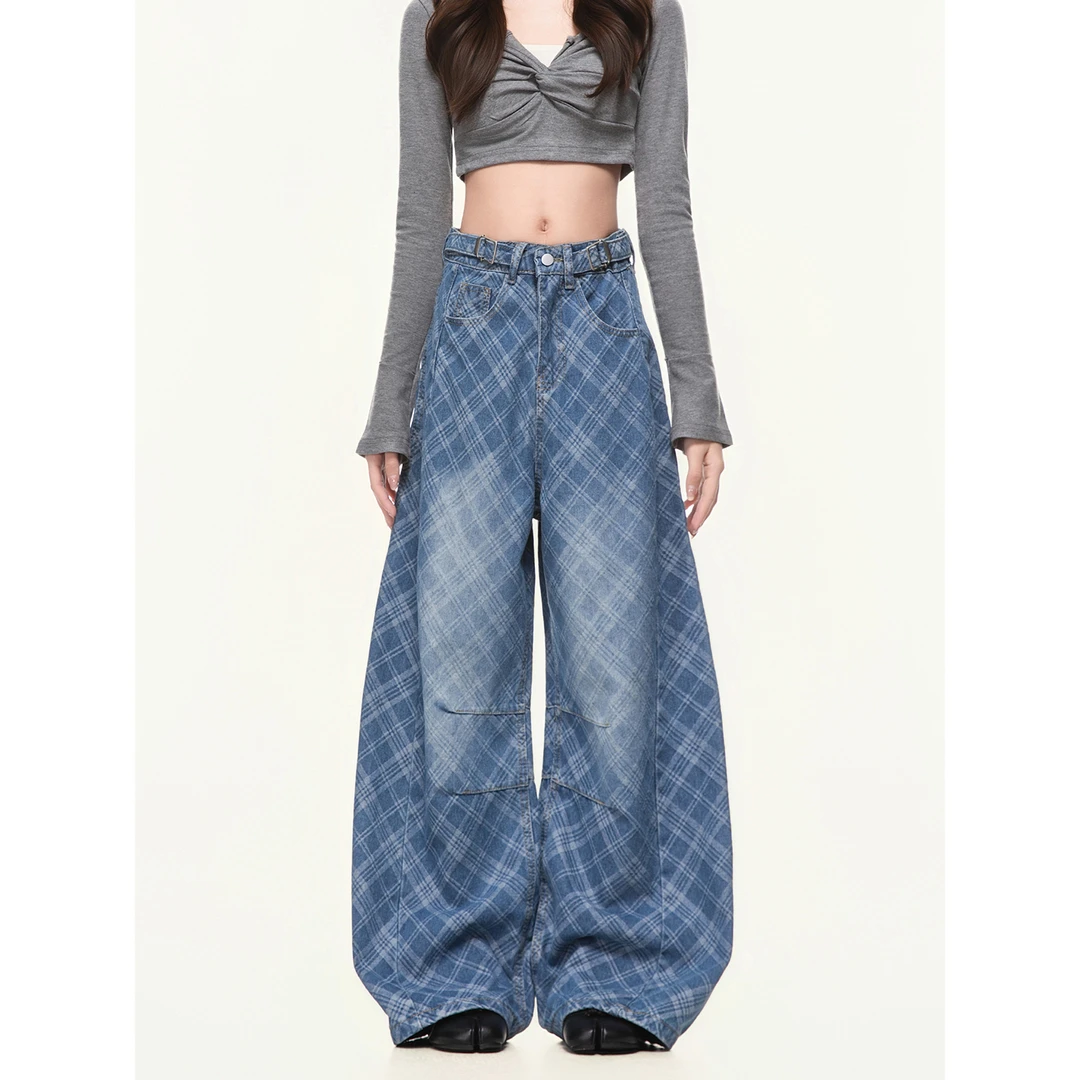 cuwu美式复古格纹阔腿牛仔裤女秋冬设计感水洗褶皱辣妹拖地裤子