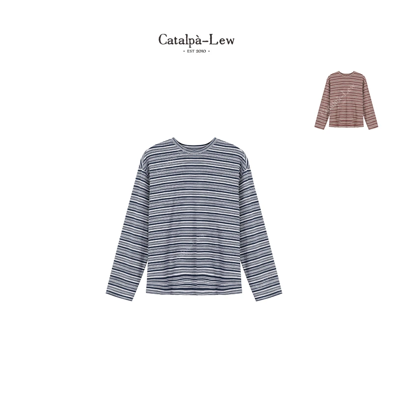 CatalpaLew「莓乐丝」墟生美学棉质条纹圆领精裁柔感T恤#C51420