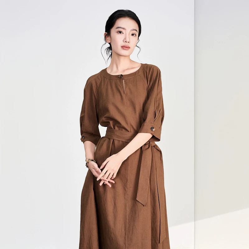 新中式短袖连衣裙女复古气质圆领纯色时尚休闲中长款女士裙子