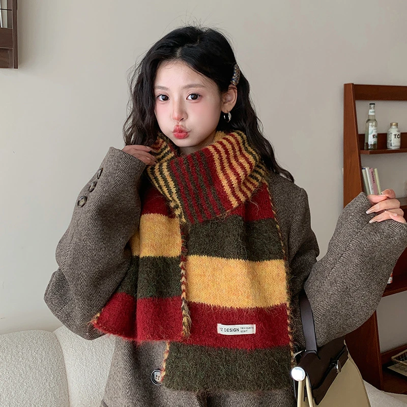 2025新款拼色撞色针织条纹毛线围巾女秋冬季韩版百搭保暖防寒围脖