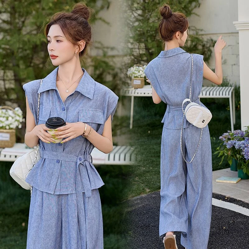 小香风晕染无袖衬衫套装女2025夏季新款时尚穿搭工装阔腿裤两件套