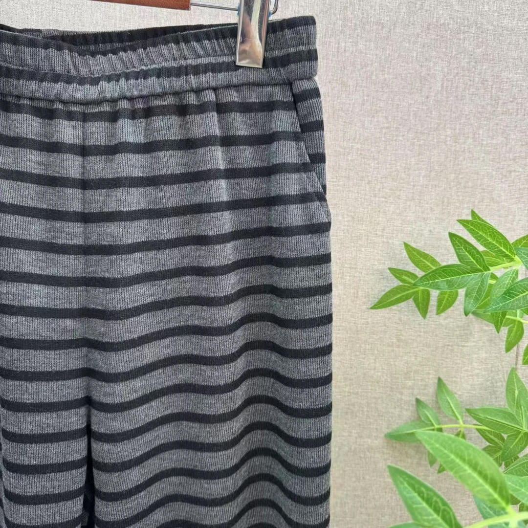 251215 复古经典条纹拼接高腰显瘦减龄百搭宽松大码女9分直筒裤