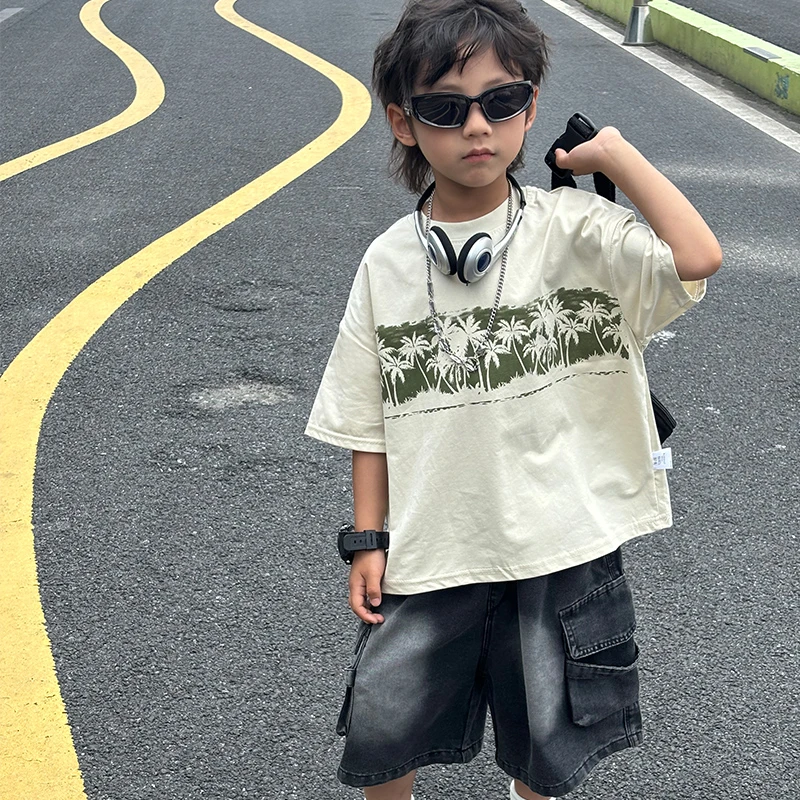 儿童夏季冰爽棉T恤百搭韩版宽松短袖洋气印花中大童休闲上衣童装