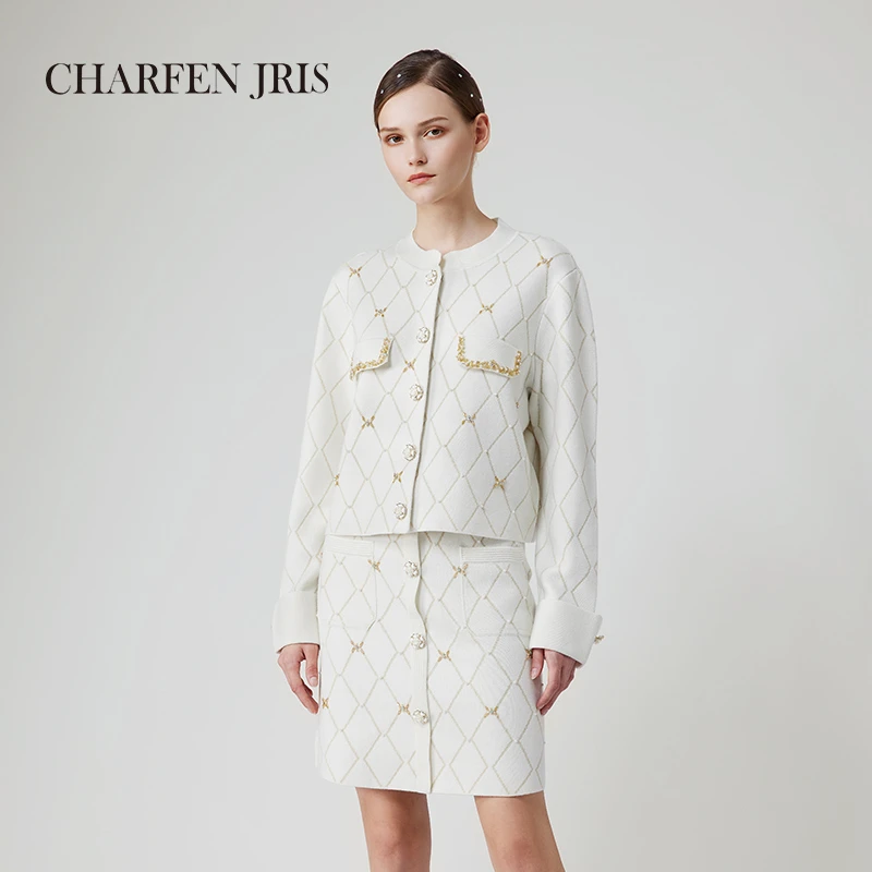 【媛媛专享】朝峰秋季小香风双色复古提花毛织外套FJE3B623-6035J