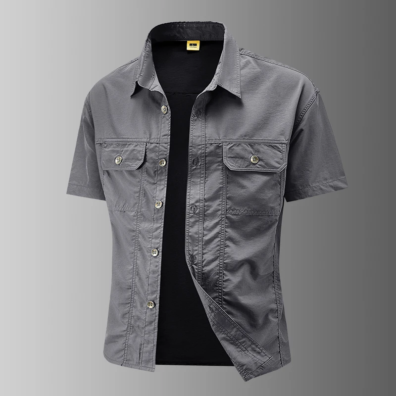 2025夏季户外速干登山休闲薄款透气短袖衬衫时尚大码宽松工装衬衣