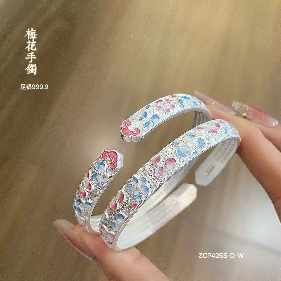 足银手镯 古风开口纯银手镯足银999.9珐琅彩梅花心经手镯实心开口