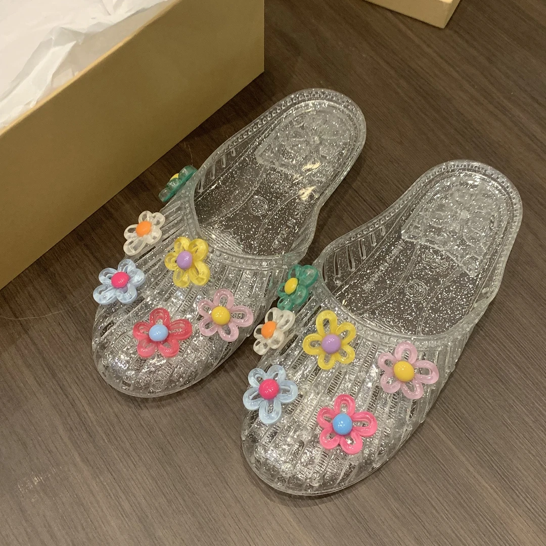 水晶鞋凉鞋女平底透明半拖外穿鞋花果冻鞋软底凉拖鞋包头外穿女鞋