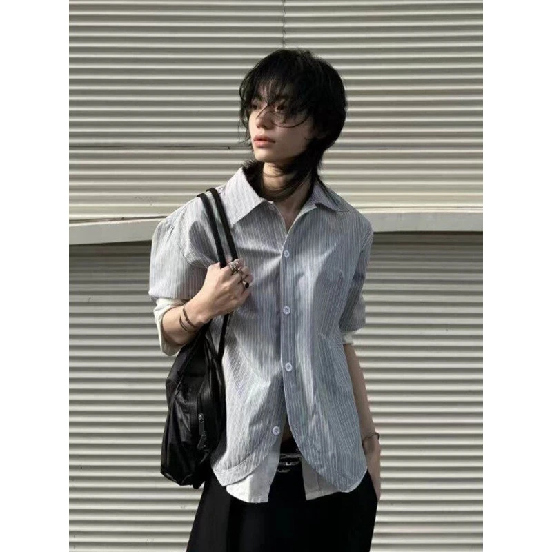 弯弧条纹短袖衬衫男夏季薄款速干衬衣五分袖cleanfit半袖上衣