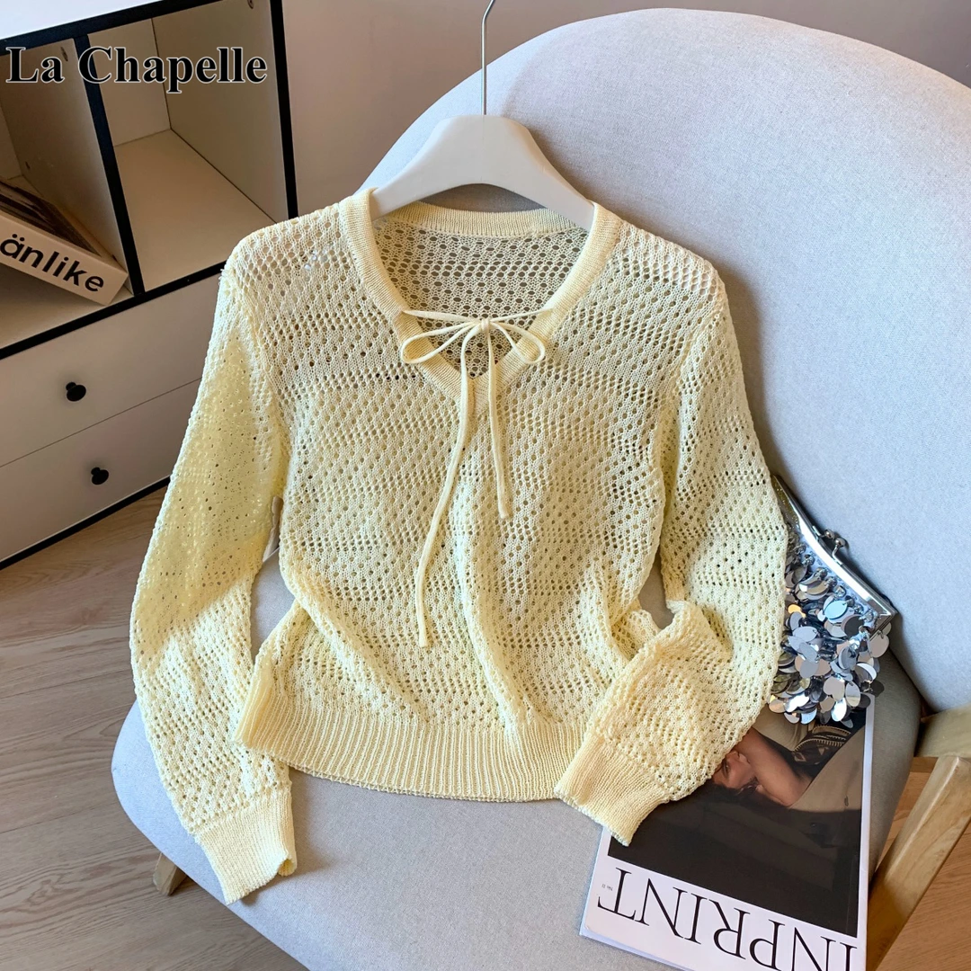 拉夏贝尔韩系镂空针织衫长袖空调罩衫女2025秋季新薄款外搭上衣女