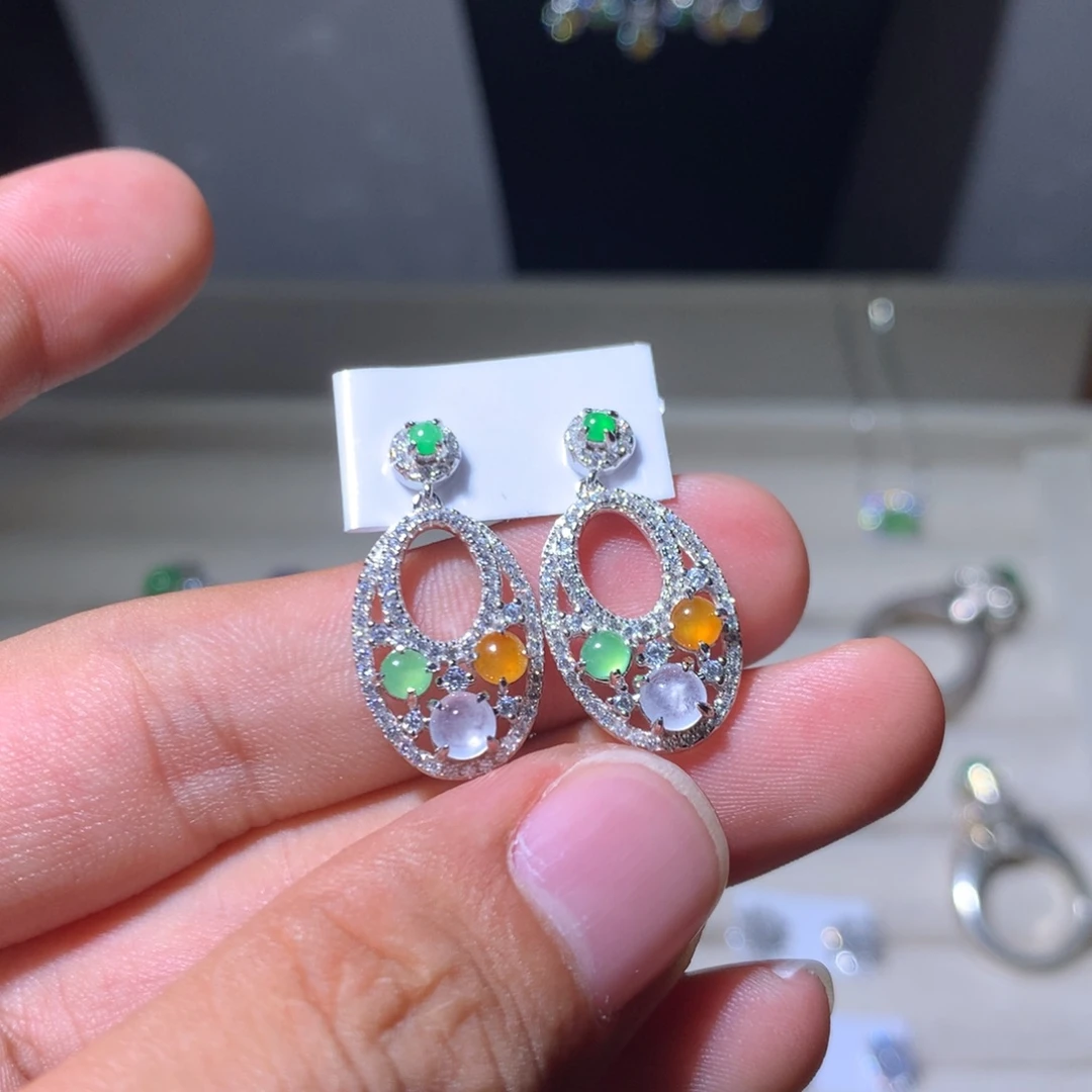 快***瓜翡翠银S925镶嵌耳饰