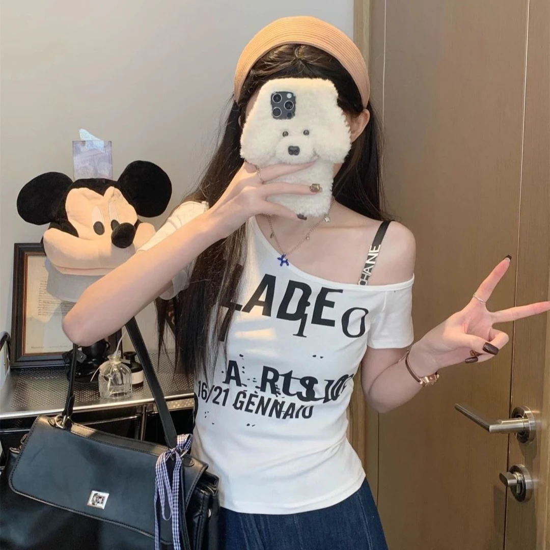 辣妹甜酷风斜肩字母印花T恤女夏季新款时尚百搭ins显瘦上衣潮