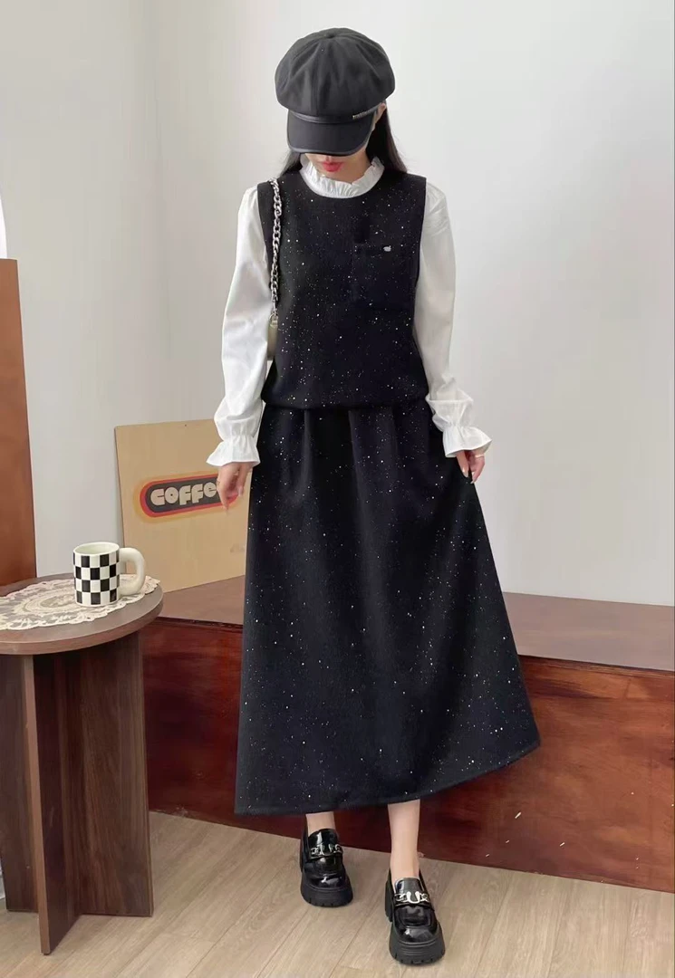 1085 韩版新款显瘦亮片三件套套装连衣裙女冬季时尚百搭裙
