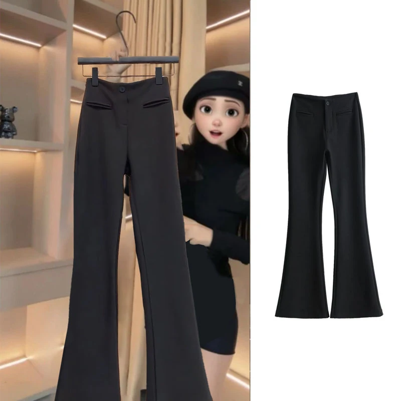 【现货+西装面料+三个裤长】黑色微喇叭裤女秋季西装裤子高腰马蹄裤