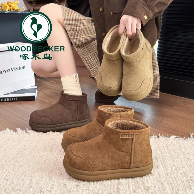 啄木鸟雪地靴女2025新款冬季加绒保暖一脚蹬面包鞋厚底勃肯鞋棉鞋