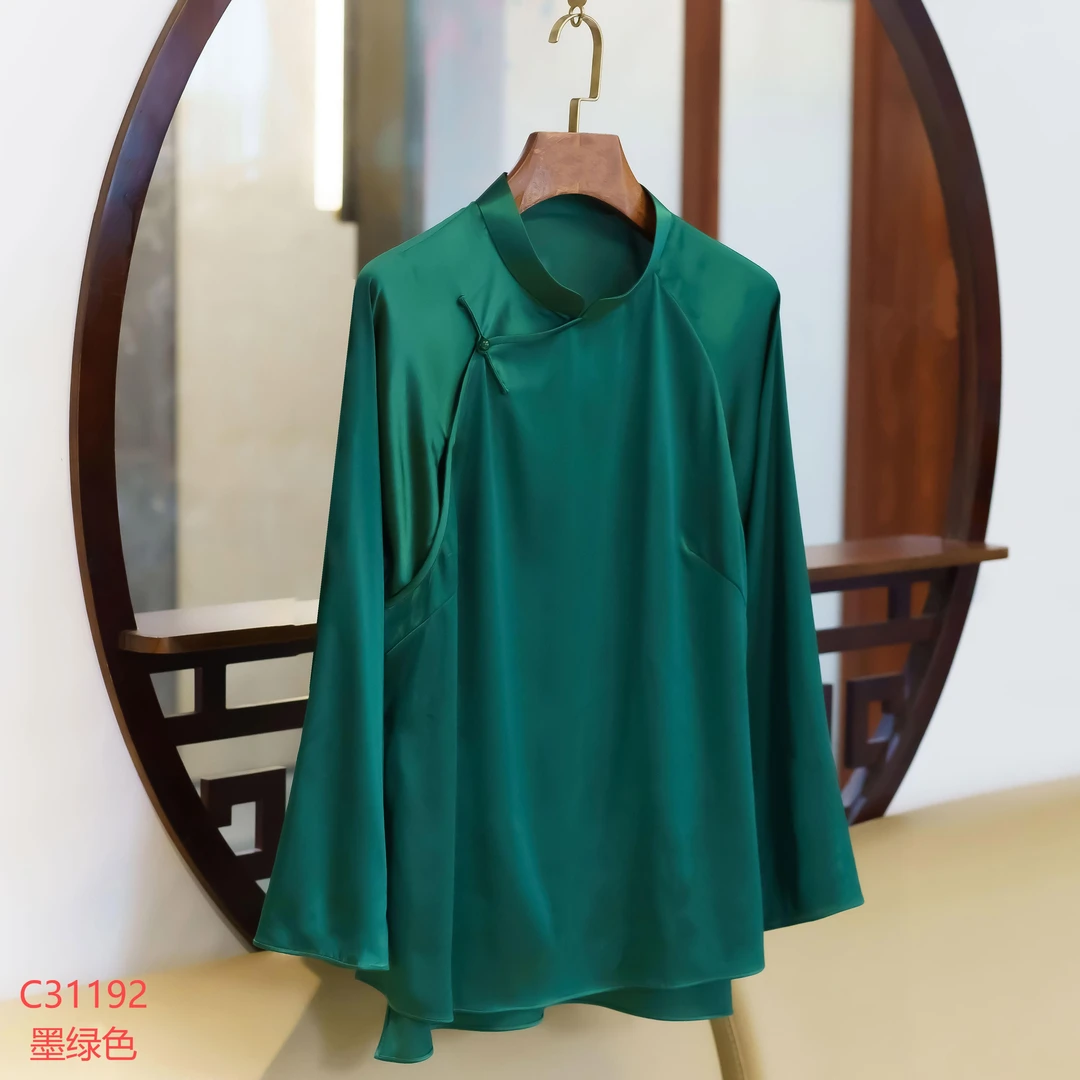 【新款~推荐】C-31192真丝弹力缎新中式国风桑蚕丝立领斜襟上衣