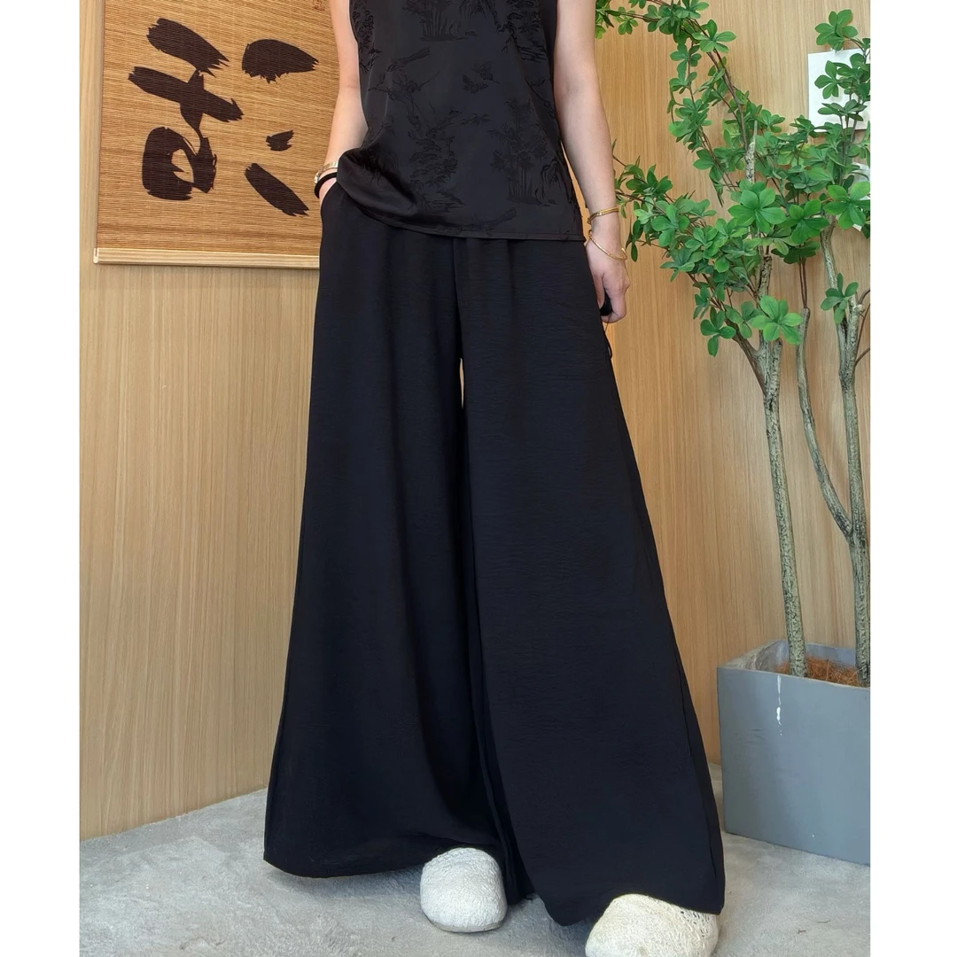 新中式国风棉绸裙裤女夏季大码宽松百搭凉爽绵绸休闲裤人棉阔腿裤