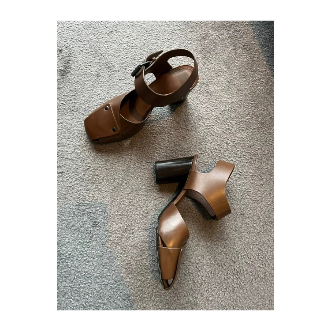 POMORROW法式极简高跟鞋粗跟方头凉鞋时尚气质包头凉拖鞋