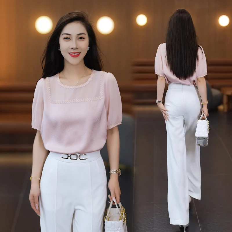 短袖t恤女2025年新款夏季雪纺衫宽松遮肚时尚洋气时髦泡泡袖上衣