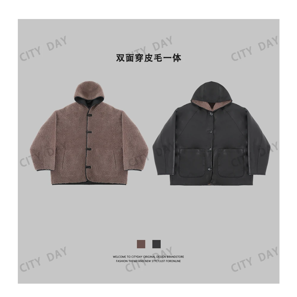 CityDay【楠哥】压轴单品 双面穿 阔少千金臻品羊毛连帽皮衣7830