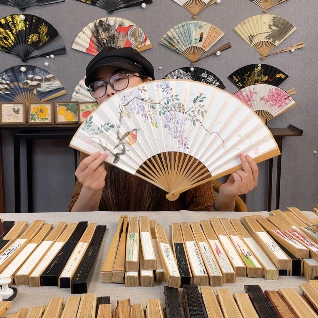 书法95寸玉竹-纯手绘-文玩扇骨（默认粘好）