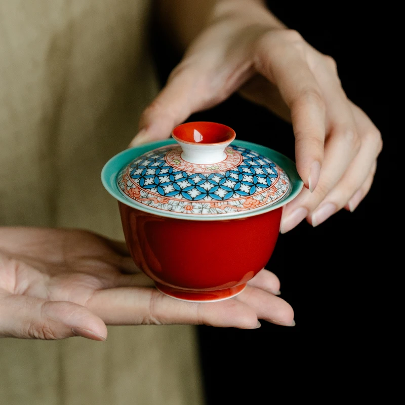 赞朴中国风故宫红花格纹二才盖碗单个陶瓷家用高档泡茶器功夫茶具