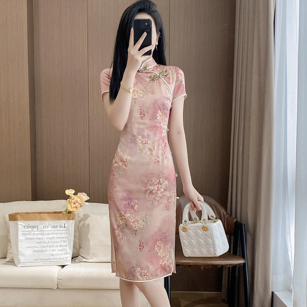 2025夏季新款桑蚕丝印花文艺修身立领新中式国风改良旗袍连衣裙女