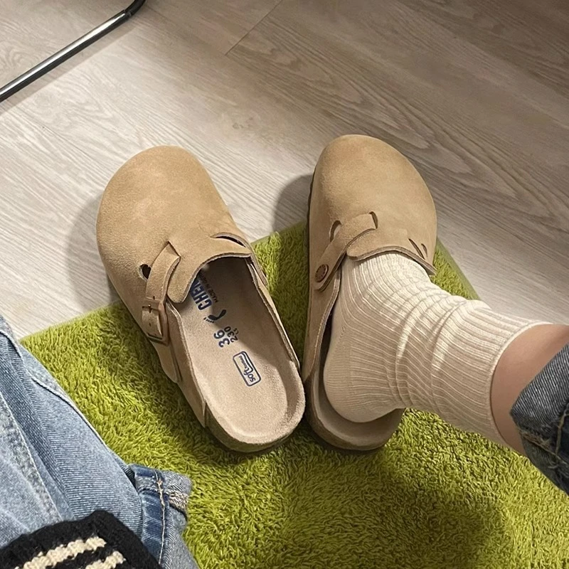 真皮软木勃肯鞋脆皮厚底拖鞋女2025新款网红外穿钓鱼博肯懒人半拖