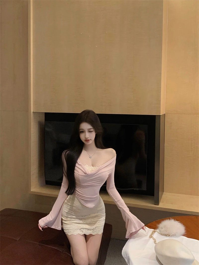 法式真两件甜美荡领小众上衣蕾丝