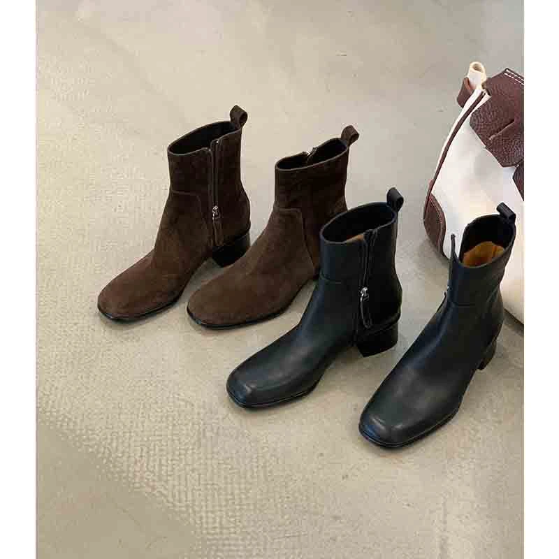 吕小布 | S*W手工版瘦瘦靴 真皮时尚方头侧拉链粗跟时装短靴0383
