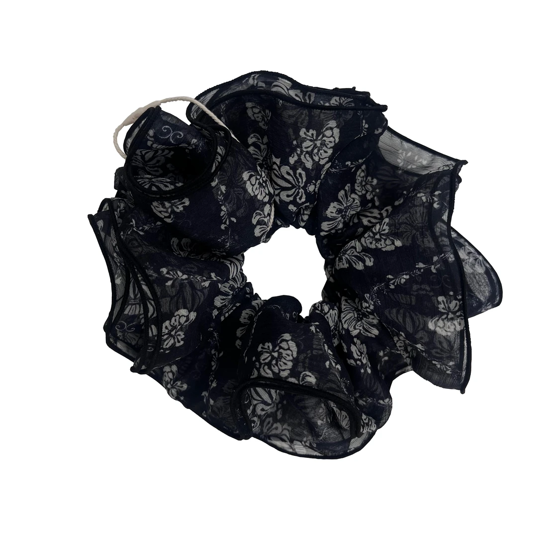 法式复古网纱水墨碎花大肠发圈2025小众设计感气质低马尾发绳